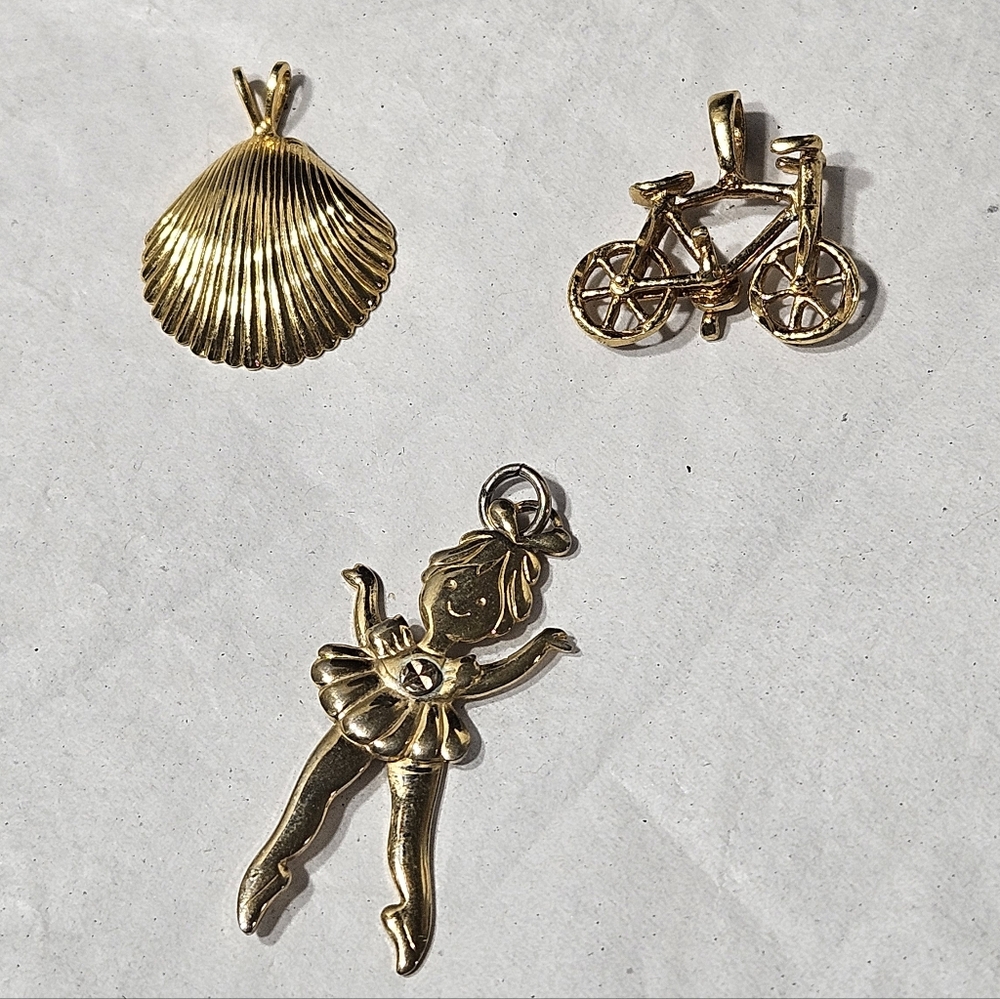 Bundle of 3 Gold-tone Charms Pendants Shell Bicycle Ballerina Dancer